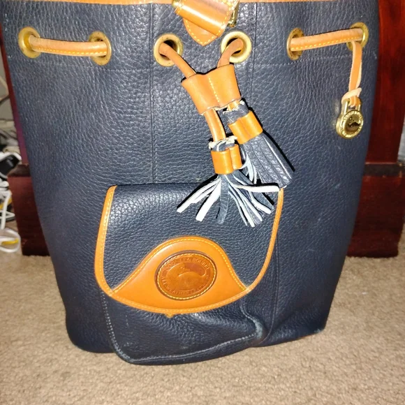 Dooney & Bourke Navy and Tan Leather Drawstring Bucket Bag - Picture 2 of 6